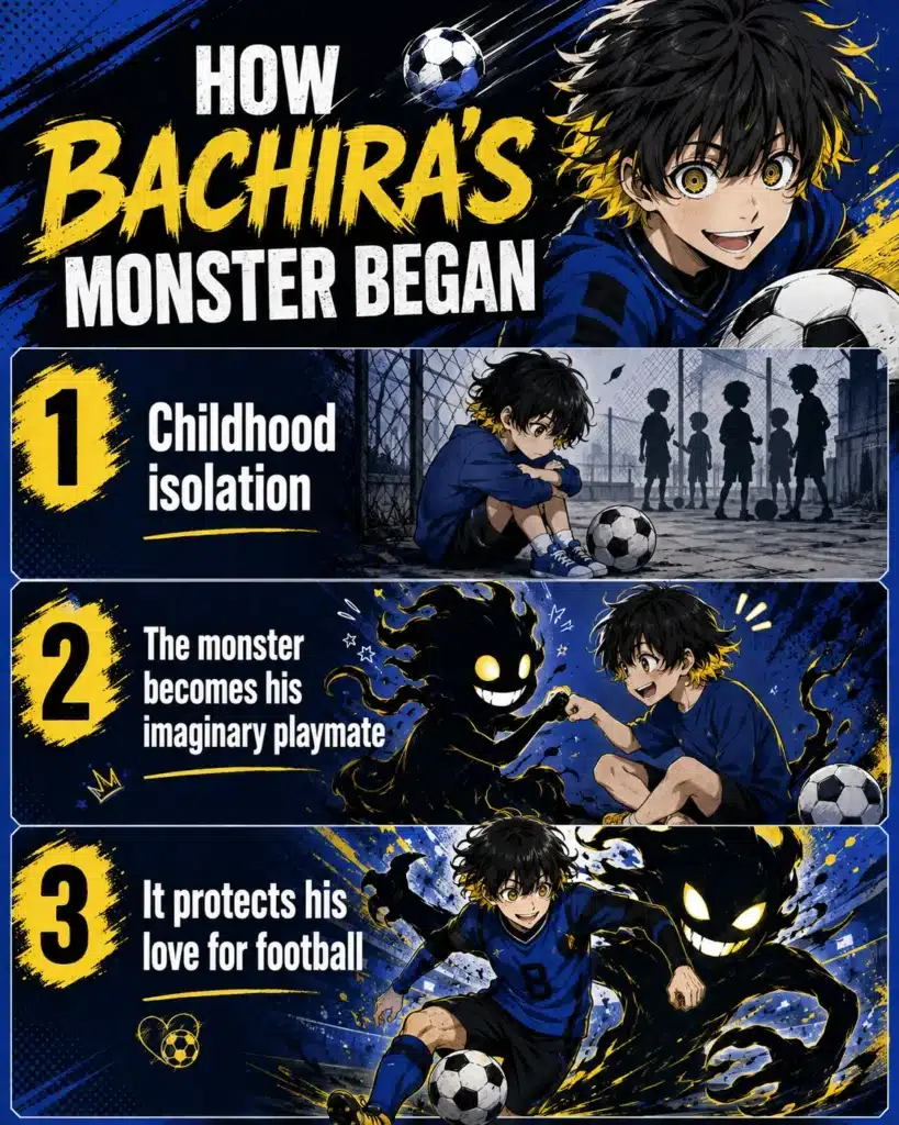 How Bachira’s Monster Began infographic showing childhood isolation, his imaginary monster, and his love for football.