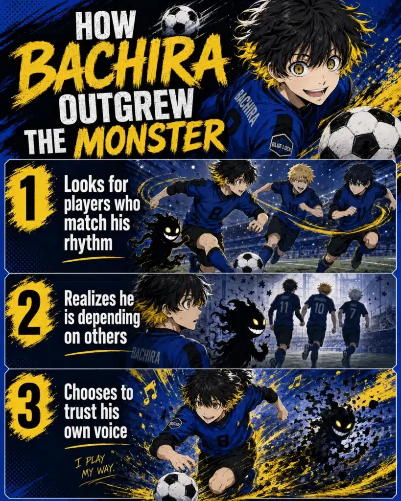Vertical anime-style infographic titled 'How Bachira Outgrew the Monster.' At the top, Bachira smiles while holding a soccer ball. Section 1 shows Bachira running with teammates, explaining that he looks for players who match his rhythm. Section 2 shows Bachira noticing he is depending on others, with teammates moving ahead and the shadow monster beside him. Section 3 shows Bachira dribbling confidently alone as the monster fades behind him, showing that he chooses to trust his own voice. The design uses bold blue, black, yellow, and white colors with a dynamic football theme.