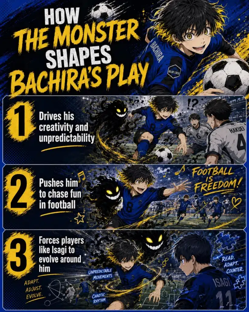 Vertical anime-style infographic titled 'How the Monster Shapes Bachira’s Play.' At the top, Bachira smiles while controlling a soccer ball. Section 1 shows Bachira dribbling past defenders with the shadow monster behind him, showing that it drives his creativity and unpredictability. Section 2 shows Bachira playing with excitement and freedom while the monster stays beside him, showing that it pushes him to chase fun in football. Section 3 shows Bachira’s intense play forcing Isagi to watch, adapt, and evolve, while the monster looms behind Bachira. The design uses bold blue, black, yellow, and white colors with dynamic football action.