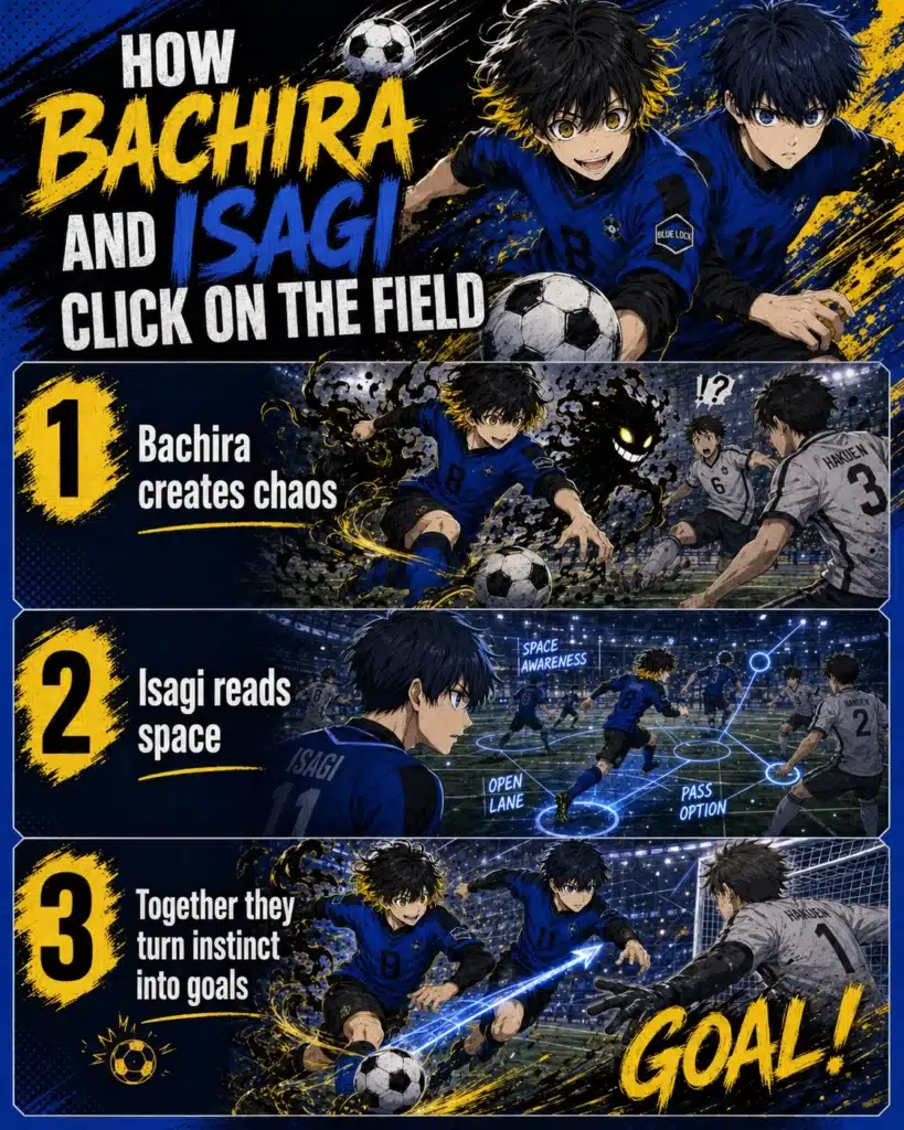 How Bachira and Isagi click on the field infographic showing Bachira creating chaos, Isagi reading space, and both turning instinct into goals.