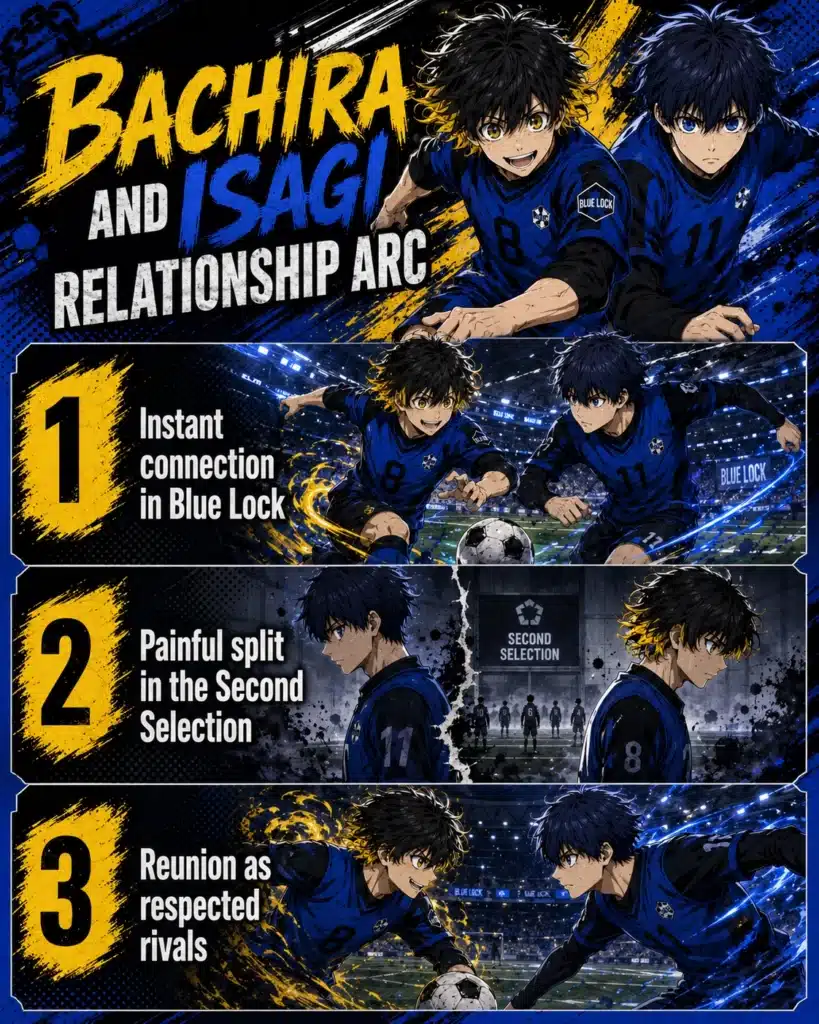 Bachira and Isagi relationship arc infographic showing three stages: instant connection in Blue Lock, painful split in the Second Selection, and reunion as respected rivals. Anime-style soccer infographic with bold blue, black, yellow, and white colors.