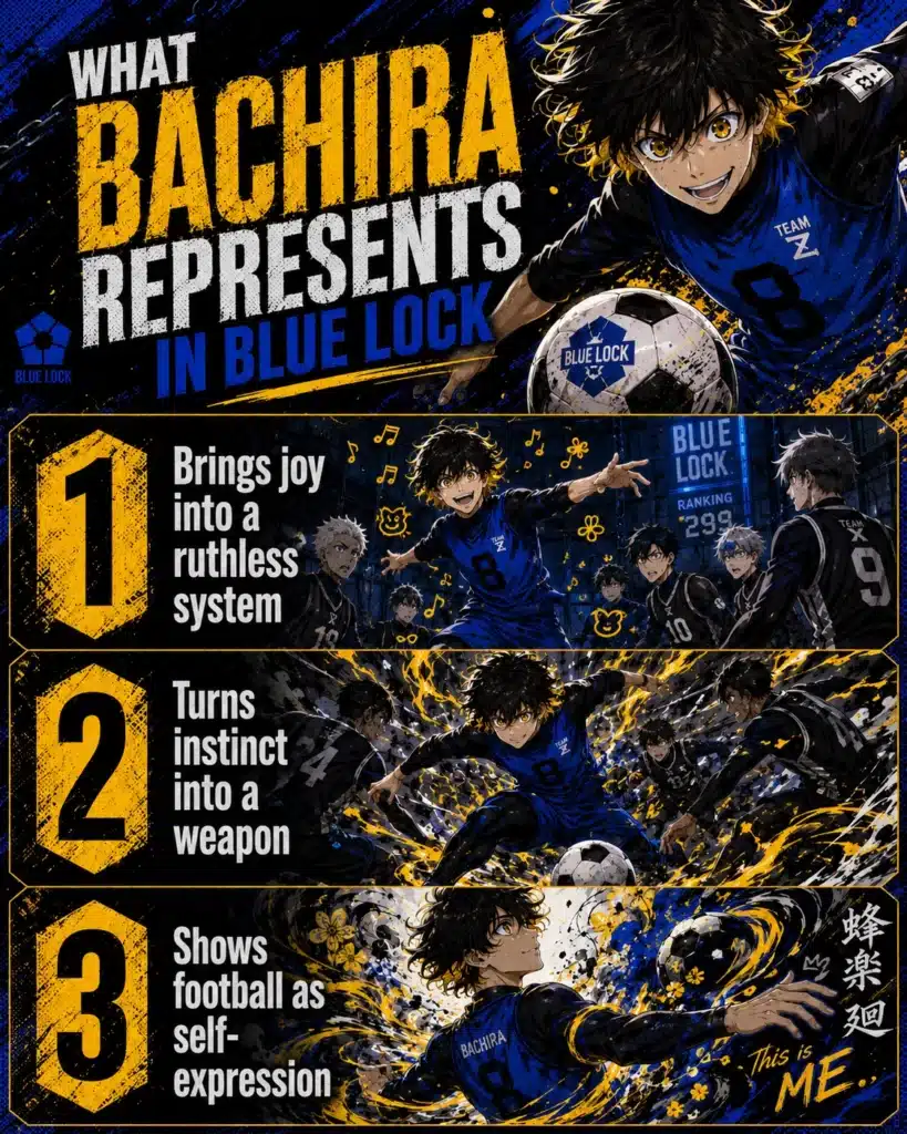 What Bachira Represents in Blue Lock infographic showing how he brings joy into a ruthless system, turns instinct into a weapon, and shows football as self-expression.