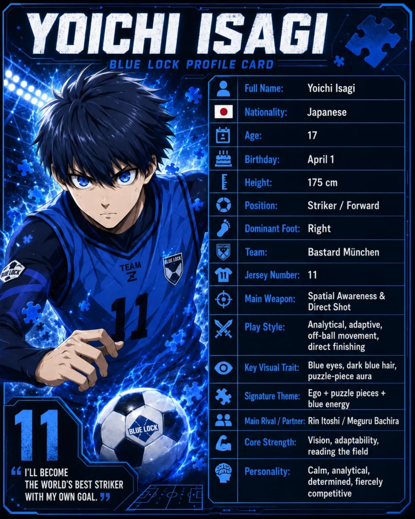 Anime-style Yoichi Isagi Blue Lock profile card with a blue neon sports design, showing Isagi in a Team Z jersey beside a detailed stats panel listing his name, nationality, age, birthday, height, position, dominant foot, team, jersey number, main weapon, play style, visual traits, rivals, strengths, and personality.
