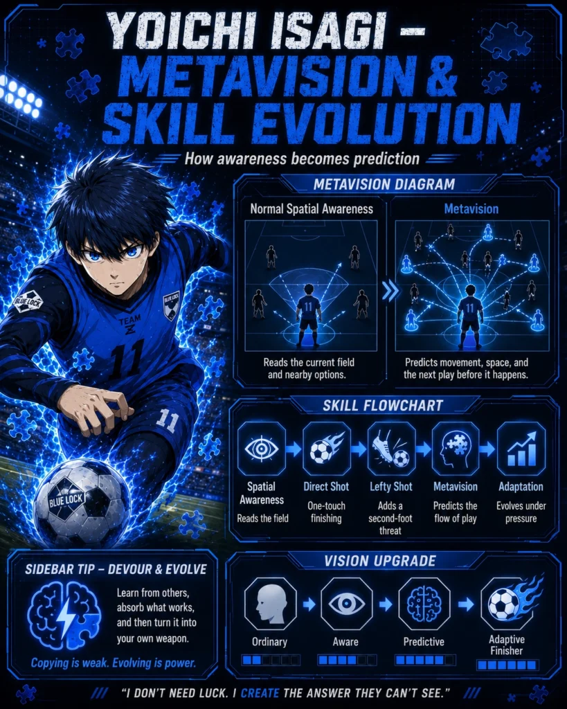 Anime-style Yoichi Isagi Blue Lock infographic showing his metavision and skill evolution, with a dynamic blue soccer pose, a comparison of normal spatial awareness versus metavision prediction lines, a skill flowchart from Spatial Awareness to Adaptation, and a sidebar tip about learning from others and evolving.