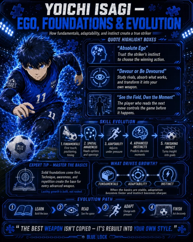 Anime-style Yoichi Isagi Blue Lock infographic showing his ego, foundations, and evolution, with a dynamic blue soccer action pose, quote highlight boxes about absolute ego and devouring rivals, a skill evolution flow from fundamentals to finishing impact, an expert tip about mastering the basics, a growth drivers diagram, and an evolution path from learning to finishing.