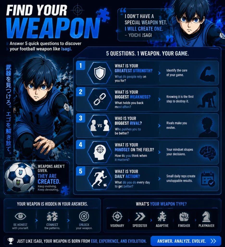 Anime-style Blue Lock “Find Your Weapon” quiz card featuring Yoichi Isagi, five interactive questions with icons for greatest strength, biggest weakness, main rival, field mindset, and daily action, plus weapon type options such as visionary, speedster, adaptive, finisher, and playmaker in a blue cyber sports layout.