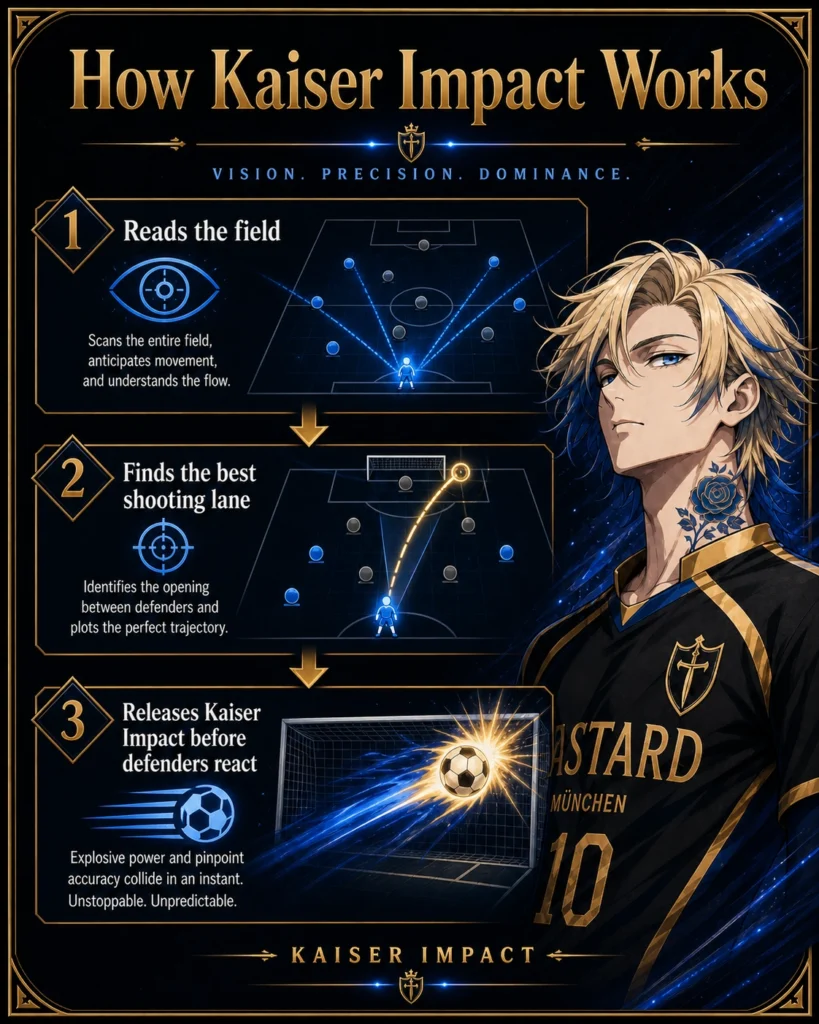 Blue, gold, and black infographic explaining how Kaiser Impact works in three steps, with field diagrams and an anime-style image of Michael Kaiser in a Bastard München jersey.