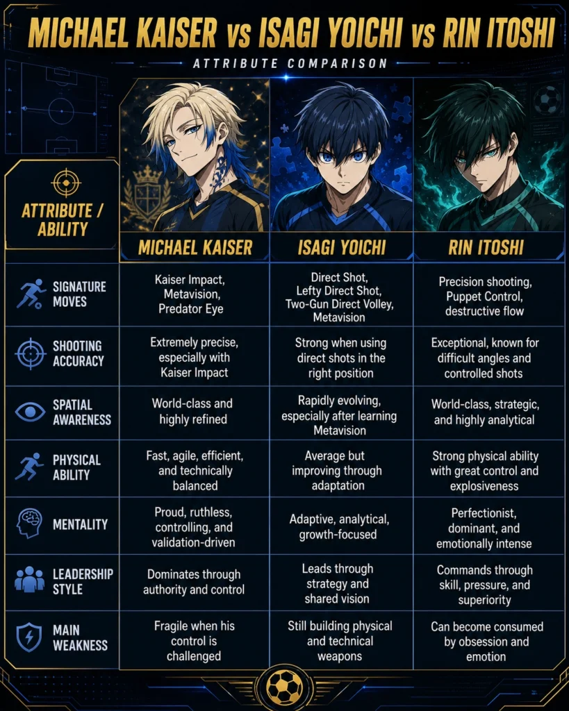 Blue, gold, and black anime-style comparison infographic of Michael Kaiser, Isagi Yoichi, and Rin Itoshi, with character portraits and a table comparing their abilities, play styles, and weaknesses.