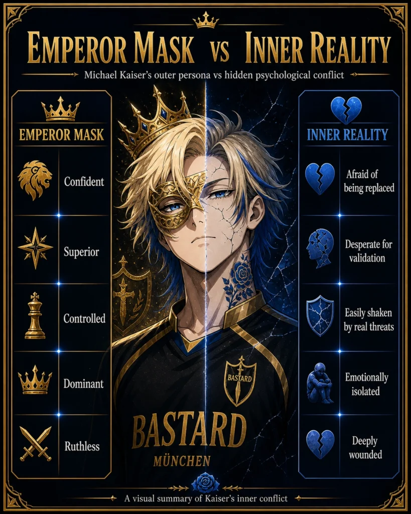 Michael Kaiser Emperor Mask vs Inner Reality graphic comparing his powerful outer persona with his hidden fears, validation issues, isolation, and emotional wounds.