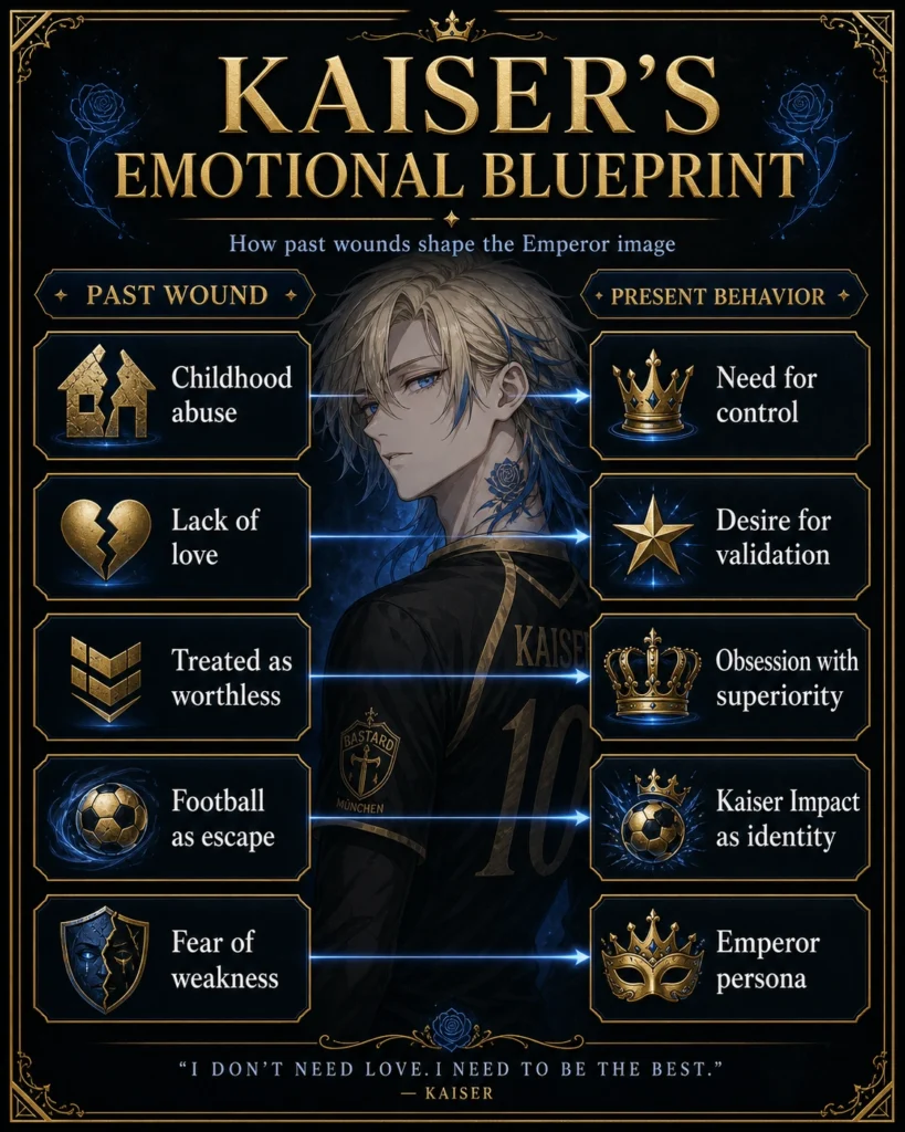 Michael Kaiser emotional blueprint infographic explaining his past wounds, need for control, validation, superiority, and Emperor persona in Blue Lock.