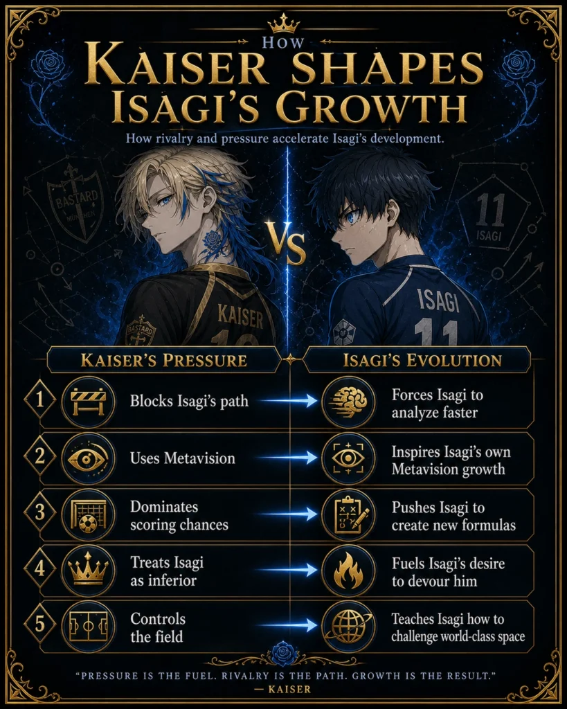 How Kaiser Shapes Isagi’s Growth infographic showing Michael Kaiser’s pressure on Isagi Yoichi and how it improves Isagi’s Metavision, analysis, strategy, and rivalry-driven development.