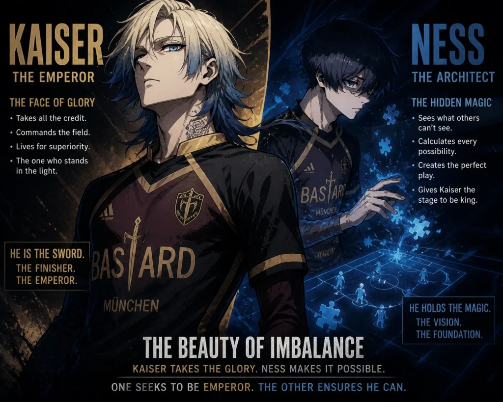 Michael Kaiser and Alexis Ness Blue Lock infographic showing Kaiser as the dominant finisher in front and Ness as the background playmaker supporting him, highlighting their tactical imbalance and partnership dynamic.