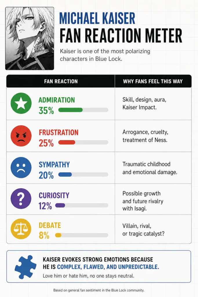 Michael Kaiser fan reaction meter infographic showing Blue Lock fan sentiment, including admiration, frustration, sympathy, curiosity, and debate with key reasons.