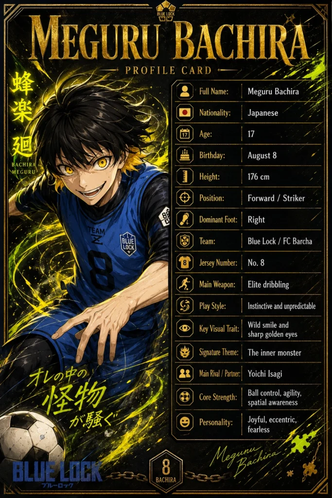 Stylized Blue Lock profile card of Meguru Bachira, showing an anime footballer in a blue jersey with bright yellow eyes, a wild smile, yellow energy effects, a soccer ball, and a black-and-gold stats panel listing his profile details.