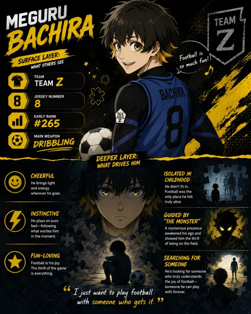 Meguru Bachira Blue Lock character infographic showing Team Z jersey number 8, early rank 265, dribbling skill, and deeper personality traits.