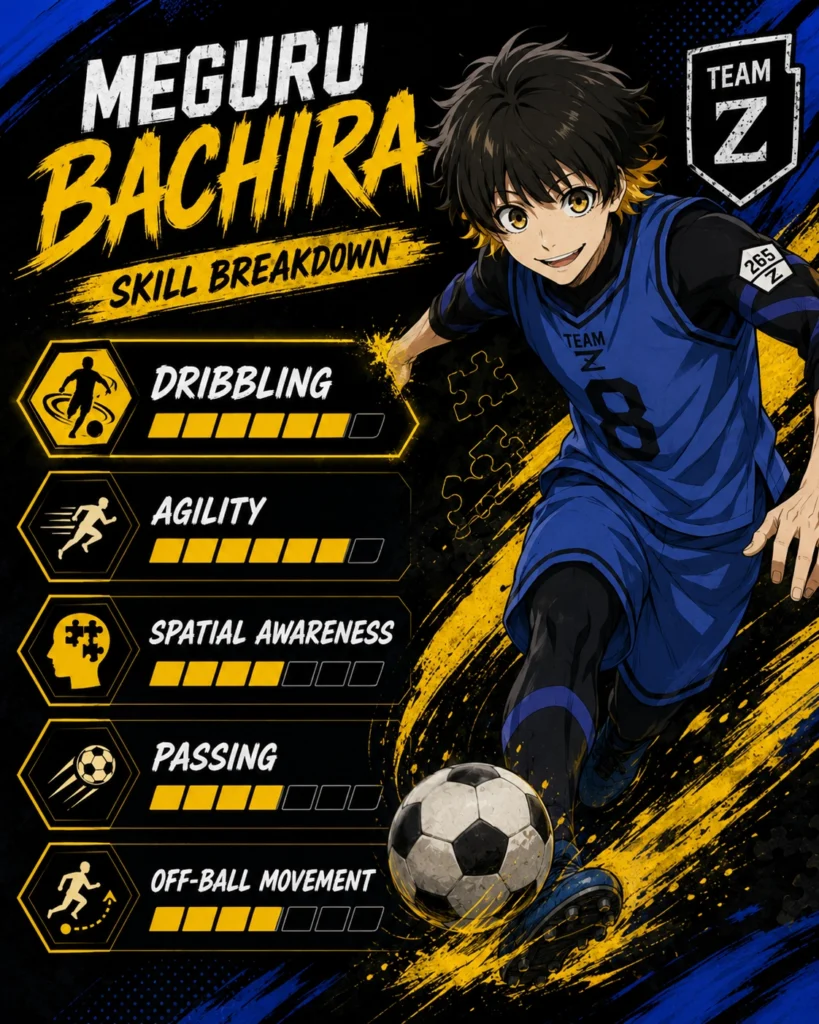 Skill breakdown image: Anime-style Meguru Bachira infographic in black, yellow, and blue, showing him sprinting in a Team Z number 8 jersey beside five rated skills: dribbling, agility, spatial awareness, passing, and off-ball movement.