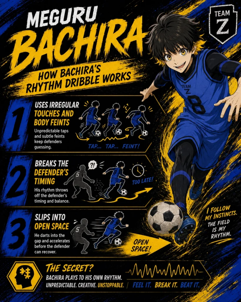 Rhythm dribble image: Anime-style Meguru Bachira explainer graphic in black, yellow, and blue, showing a three-step rhythm dribble sequence: irregular touches and body feints, breaking the defender’s timing, and slipping into open space.