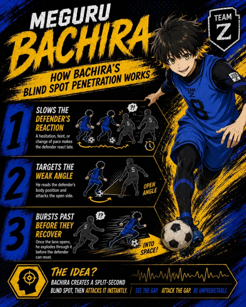 Anime-style Meguru Bachira infographic explaining blind spot penetration in three steps: slowing the defender’s reaction, targeting the weak angle, and bursting past before they recover.