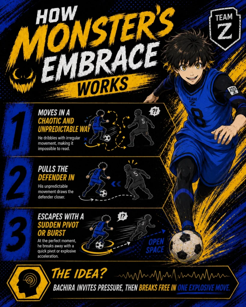 Anime-style infographic showing Meguru Bachira explaining “Monster’s Embrace” in three steps: moving chaotically and unpredictably, pulling the defender in, and escaping with a sudden pivot or burst into open space.