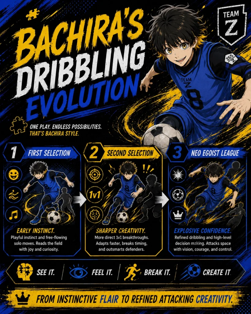 Anime-style timeline infographic of Meguru Bachira’s dribbling evolution across three stages: First Selection, Second Selection, and Neo Egoist League, showing his growth from instinctive flair to refined attacking creativity.