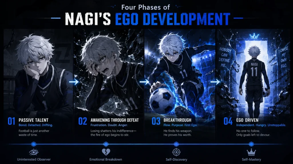 Four-step dark anime-style timeline showing Nagi’s ego development from bored passive talent to frustrated defeat, breakthrough scoring moment, and independent ego-driven growth.