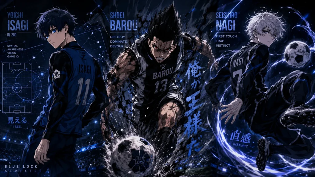 Three anime-style football players side by side, each showing a different striker’s ego style: Isagi analyzing the field with tactical focus, Barou aggressively charging past defenders, and Nagi instinctively executing a fluid trap or volley. Dark cinematic sports-anime style with blue highlights, editorial composition.