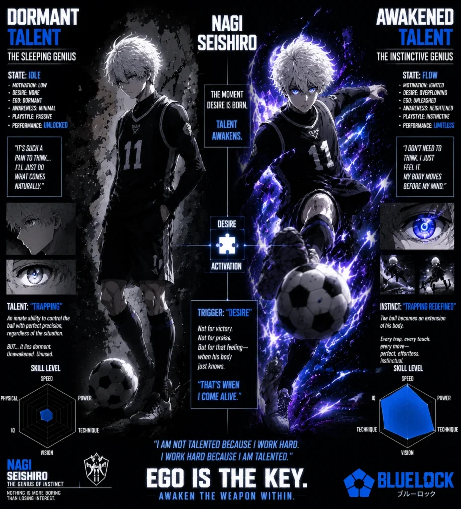 Conceptual anime-style illustration of Nagi with his football talent glowing but initially dormant, then fully activated by desire and ego. Split-panel effect shows potential on one side and instinctive skill on the other, emphasizing personal growth and awakening. Dark cinematic editorial style.