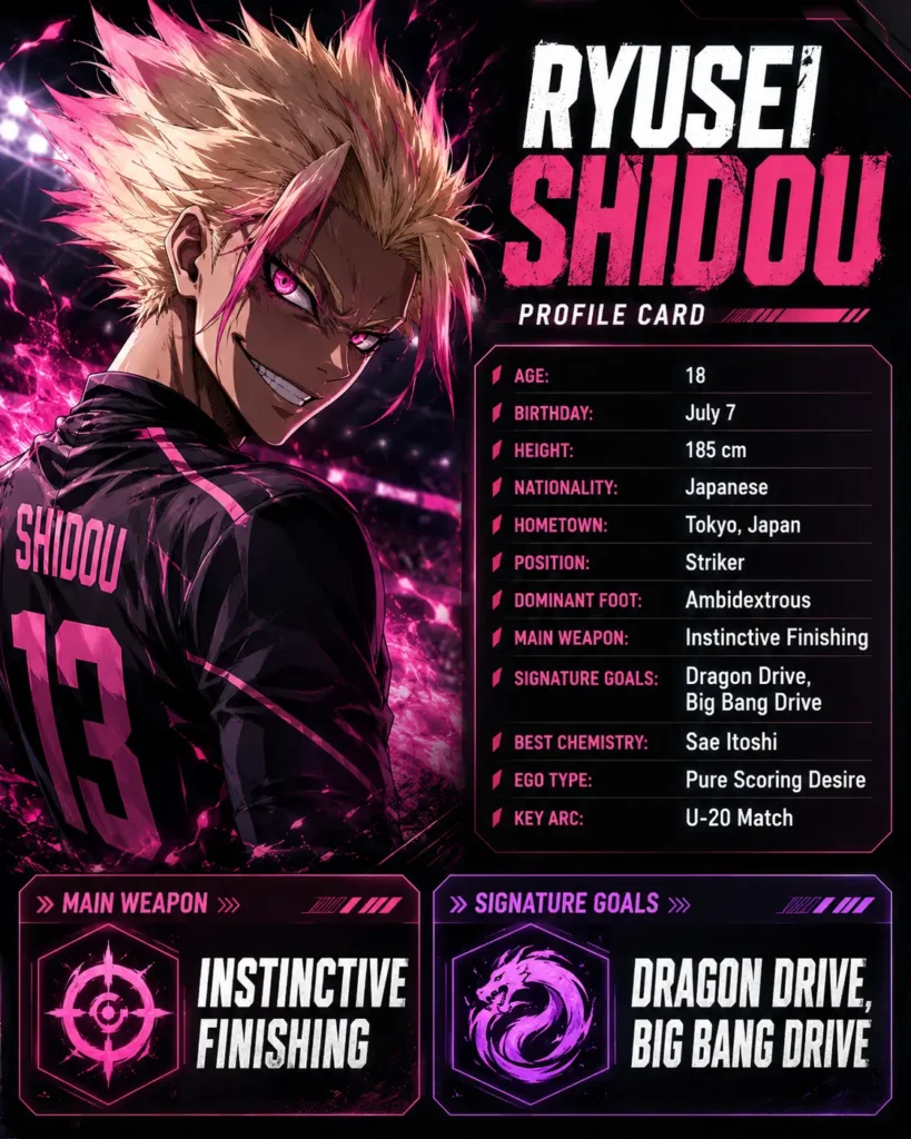 Ryusei Shidou profile card showing his age, height, position, ego type, and main weapon.
