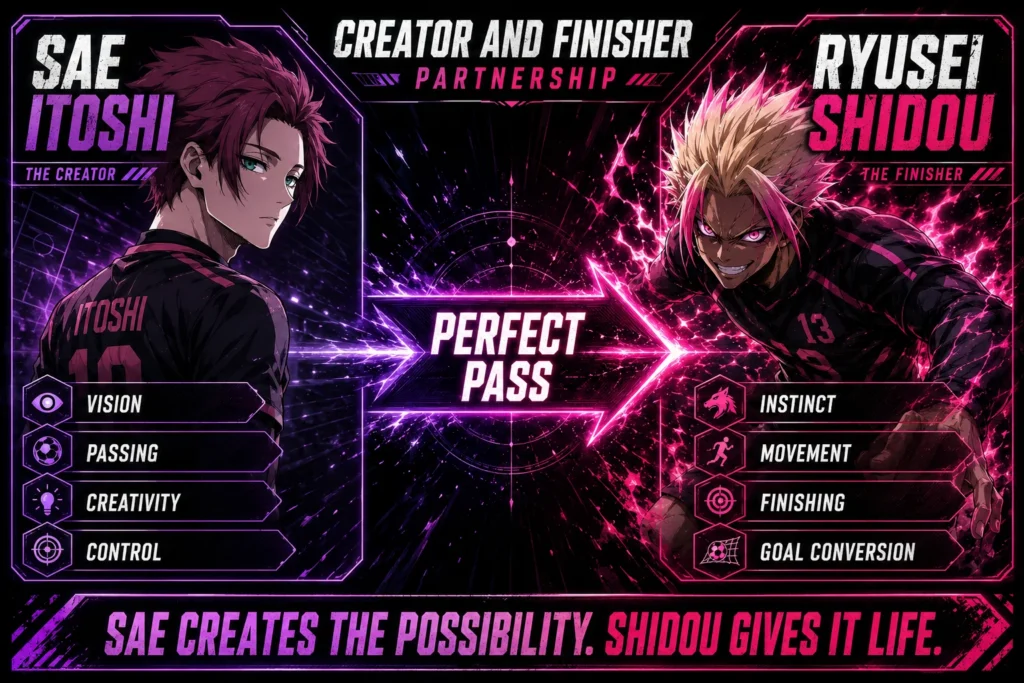 Sae Itoshi and Ryusei Shidou chemistry graphic explaining their creator and finisher partnership.