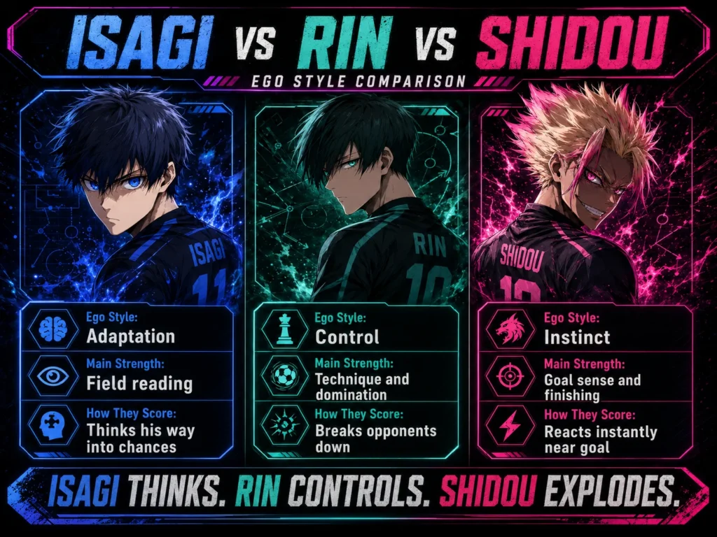 Shidou vs Isagi vs Rin comparison infographic showing their ego styles and scoring methods.