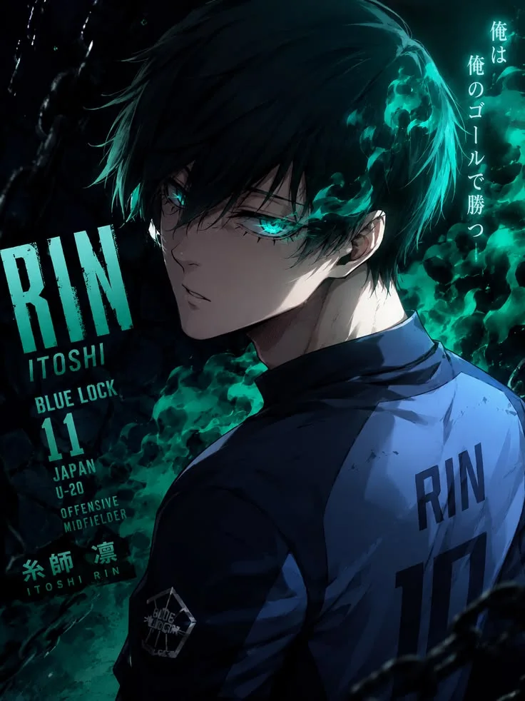 Rin Itoshi standing alone on a football pitch